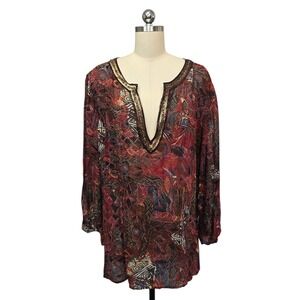 Chicos Size 3 US XL Tunic Top Paisley Print Gold Sequin Trim Long Sleeve Rayon